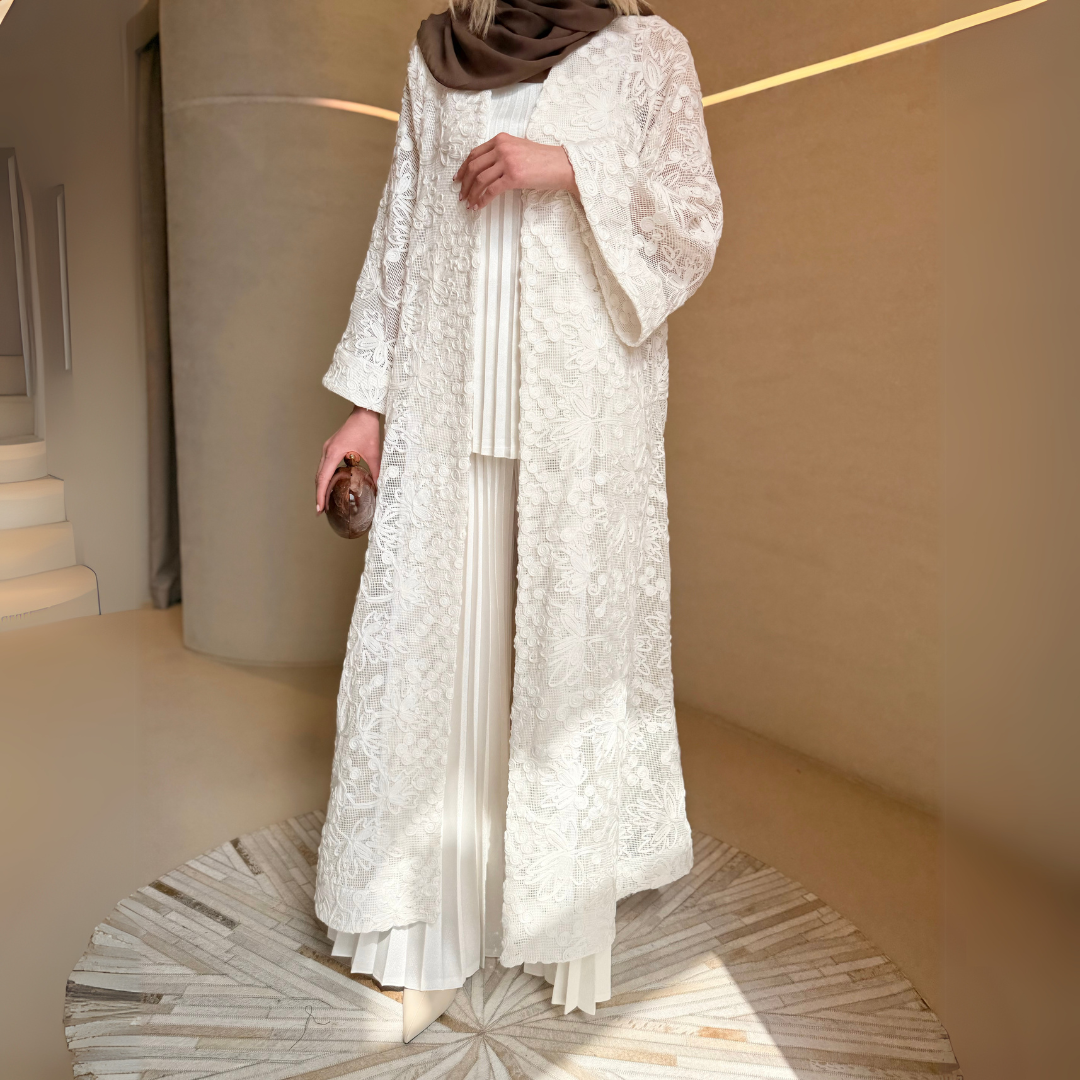 Flower Lace Abaya in elegant lace detailing by F.Lounge Dubai