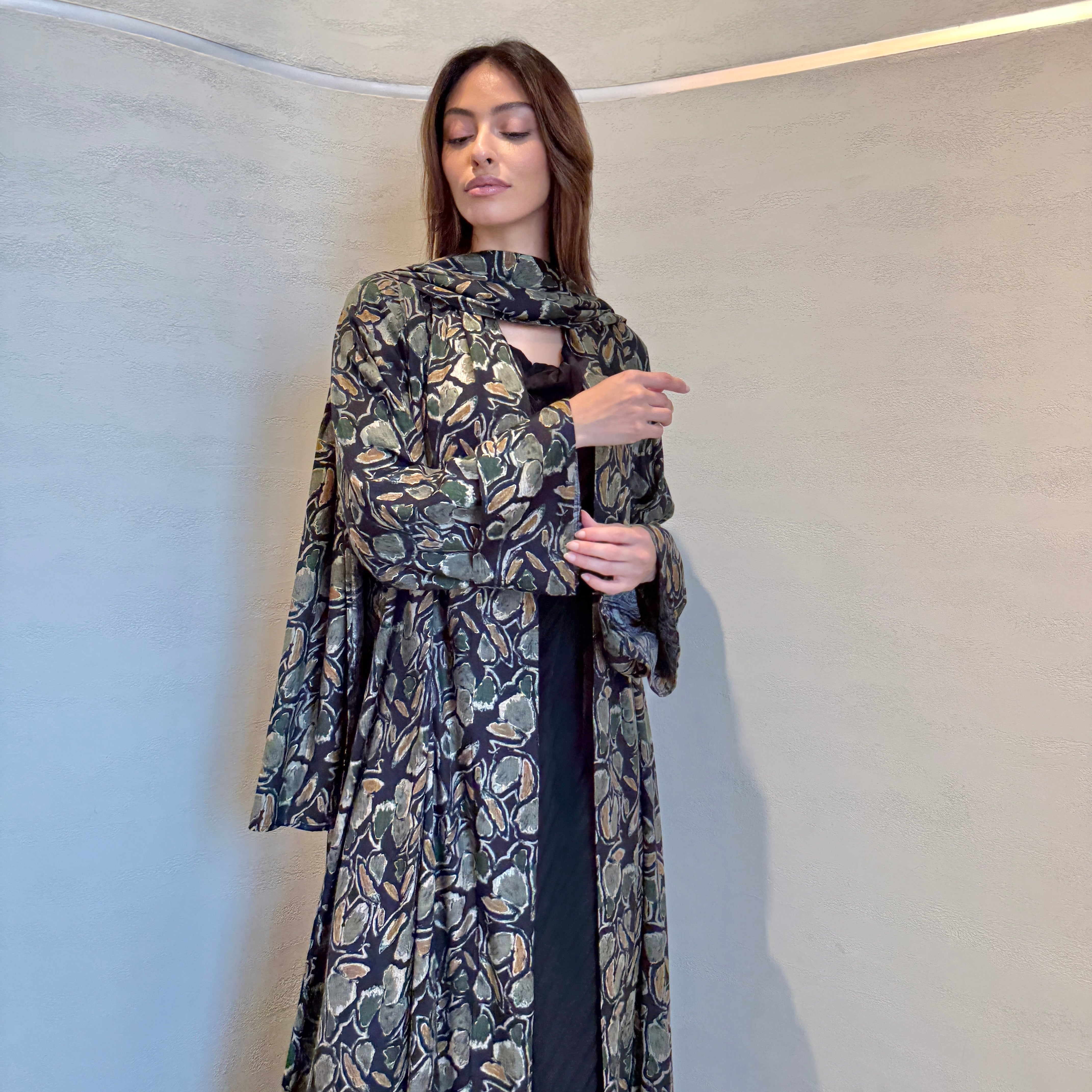Summer Leaf Abaya in green printed fabric by F.Lounge Dubai