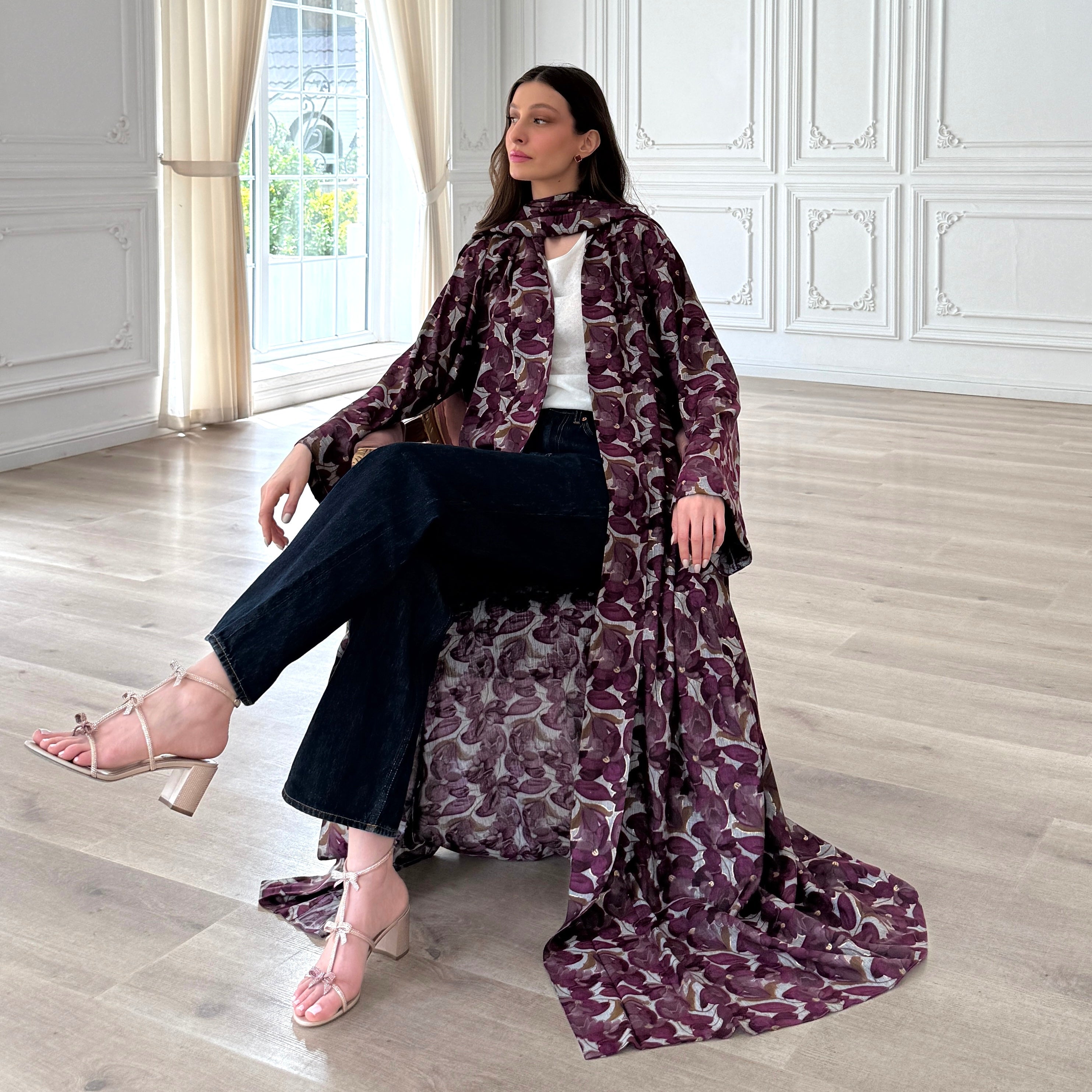 Summer Flower Abaya by F.Lounge — lightweight printed abaya in purple