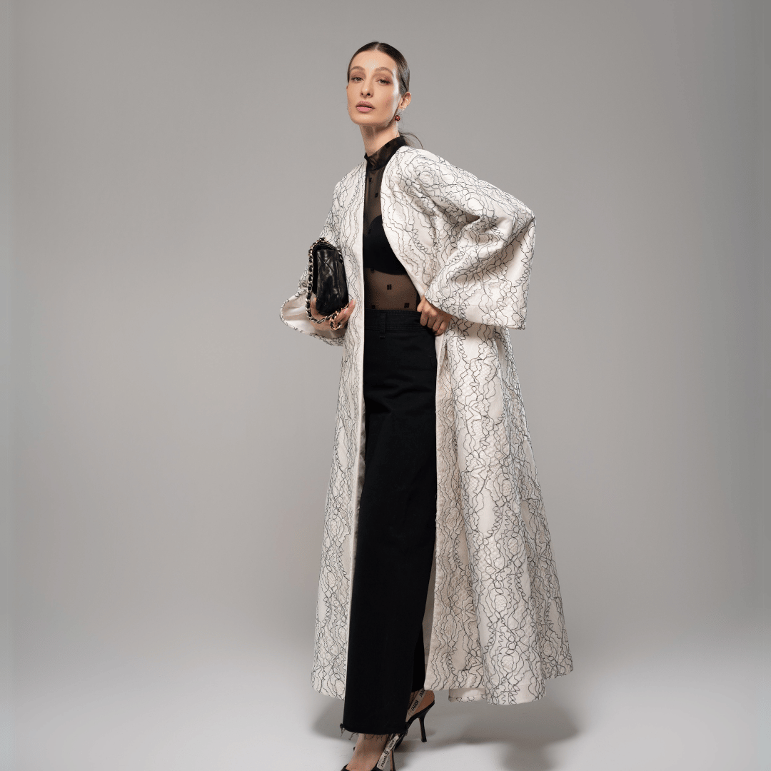 Braided Lace Abaya F.Lounge.Mena Braided_Lace_Abaya_Black_White_SQ_2