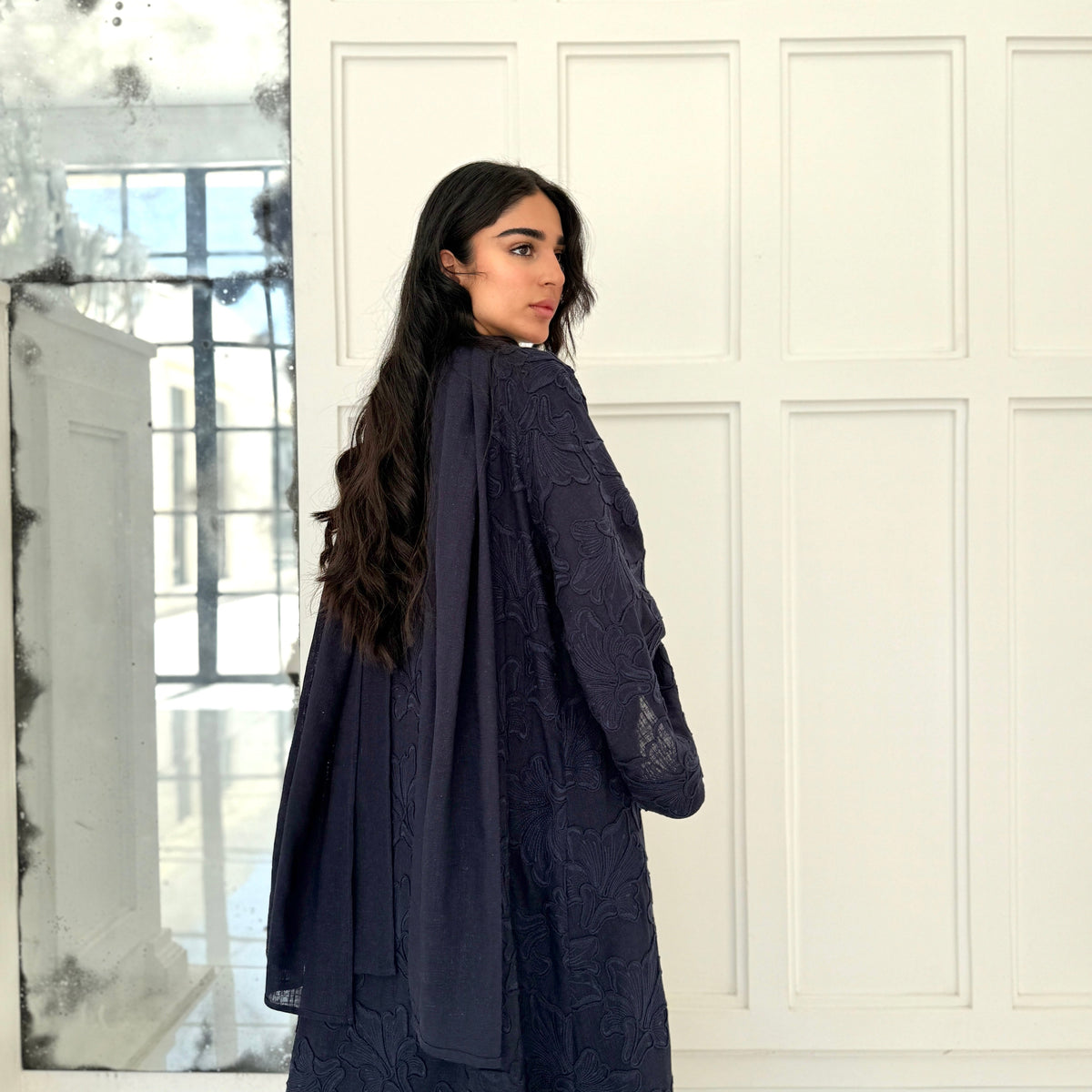 Navy floral print braided abaya by F.Lounge Dubai