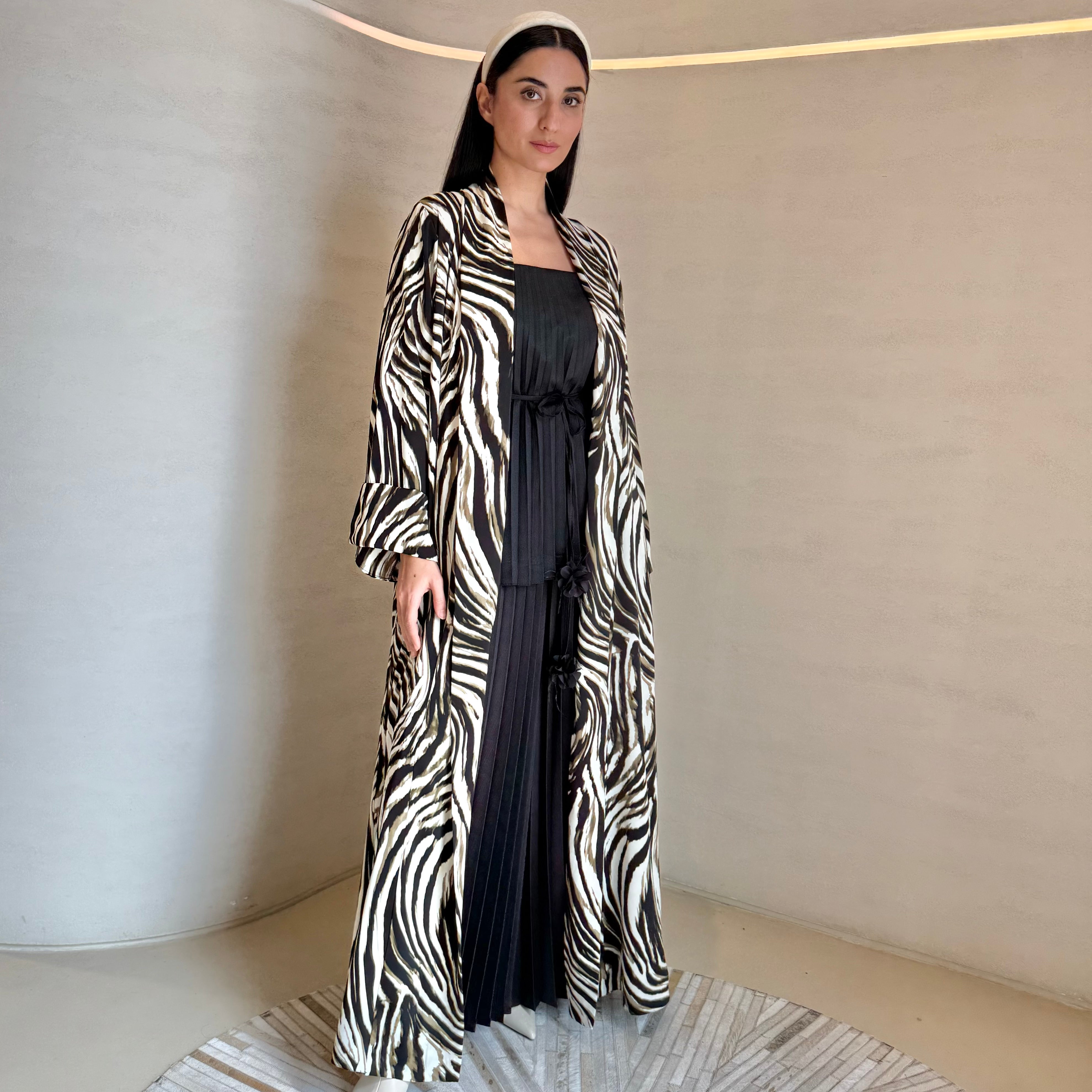 Zebra Abaya from F.Lounge Dubai — a modern patterned abaya with a flowing silhouette