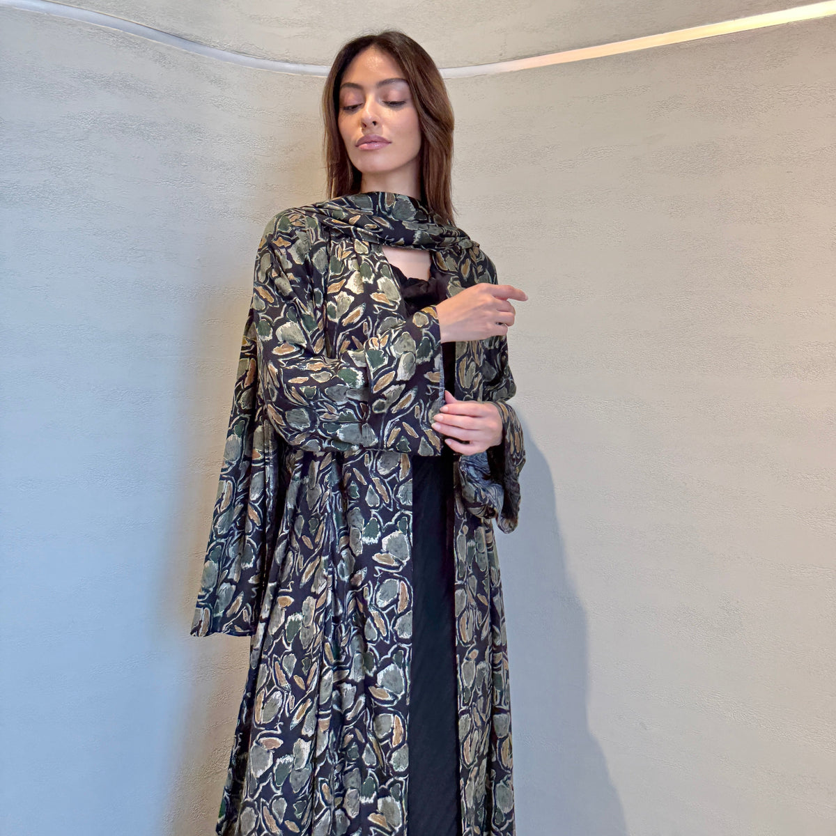 Summer Leaf Abaya by F.Lounge Dubai in a light leaf print