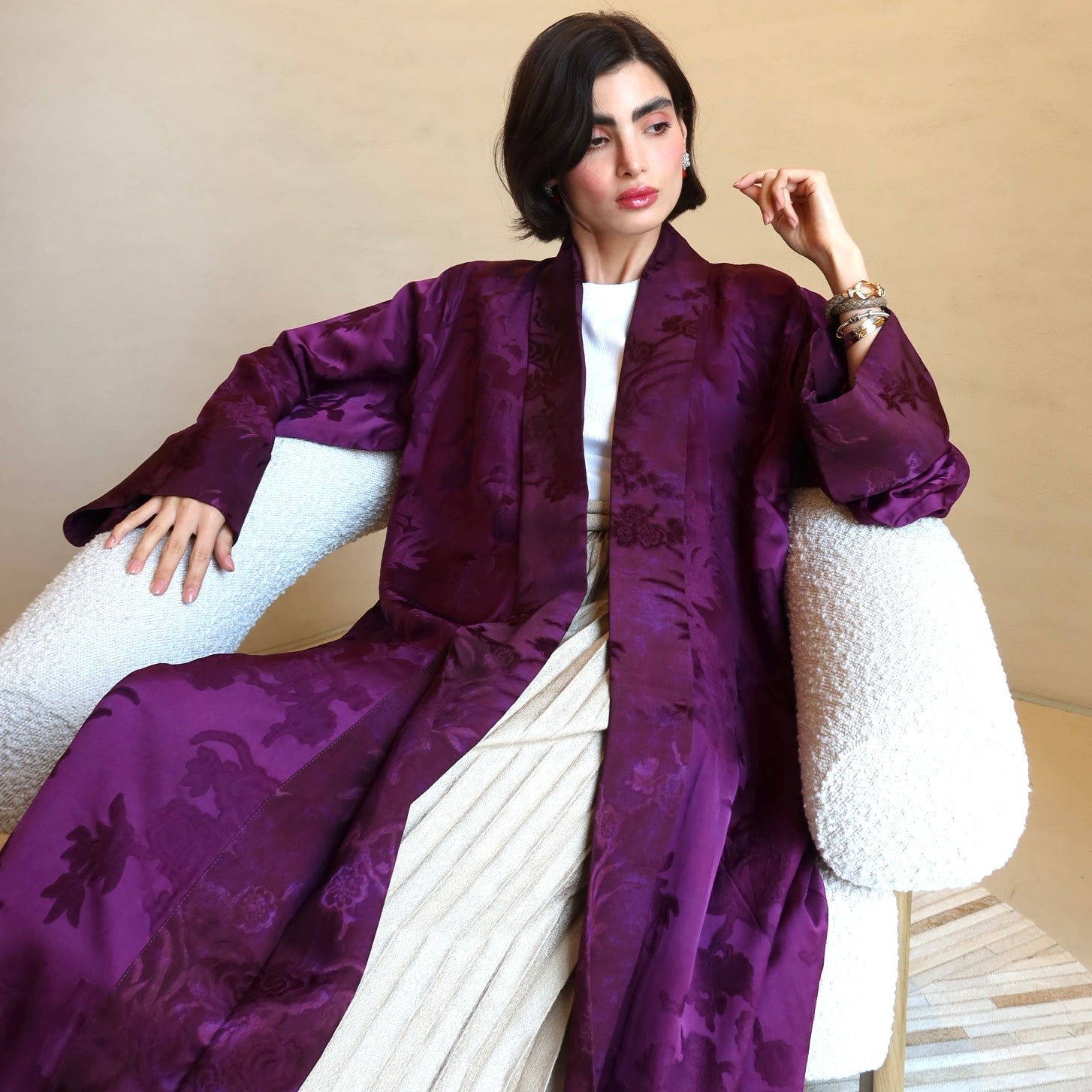 Jacquard Silk Abaya by F.Lounge Dubai, navy blue silk with a floral jacquard pattern and matching sheila